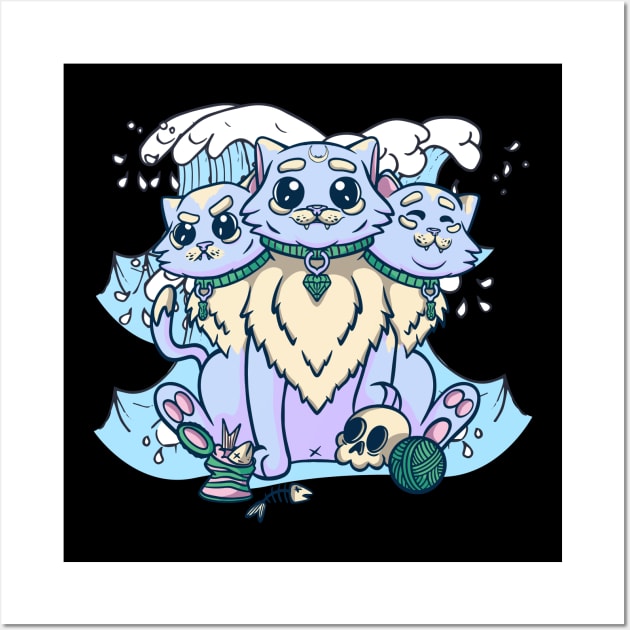 Kawaii Pastel Goth Cute Creepy 3 Headed Cat Skull Wall Art by PinkyTree